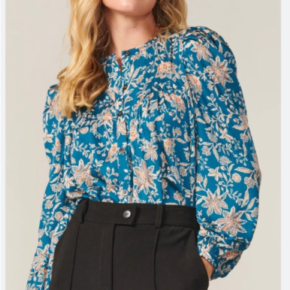 Greylin Teal Ami yoke floral blouse